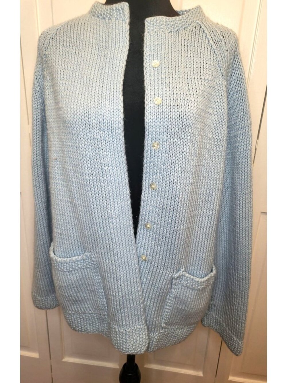 Handmade Baby Blue Handknit Cardigan Pockets XL Coastal Grandma One of a Kind